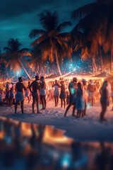 Party beach. Blurred people having night beach party in summer 
