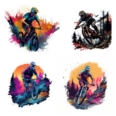 Several mountain bikers on the background of the mountains. For your logo or sticker design