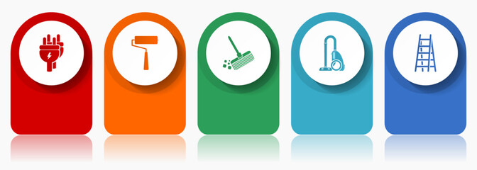 House services icon set, miscellaneous vector icons such as plug, paint roller, broom, vacuum cleaner and ladder, modern design infographic template, web buttons in 5 color options