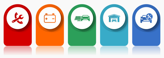 Car serivce icon set, miscellaneous vector icons such as tools, workshop, battery and renewable energy, modern design infographic template, web buttons in 5 color options