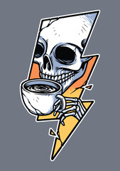 skull drinking coffee and lightning bolt shape