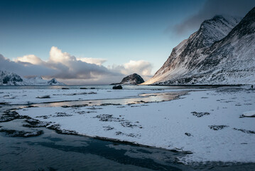 snowy beach in the lofoten islands, norway.
@ Haukland Beach