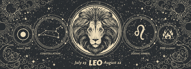 Leo zodiac sign, modern mystical astrology banner with black background, horoscope constellation, symbols of alchemy and astronomy. Vintage vector esoteric card. - obrazy, fototapety, plakaty