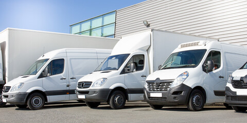 delivery white vans in service van fleet of cargo trucks courier and cars in front of the entrance...