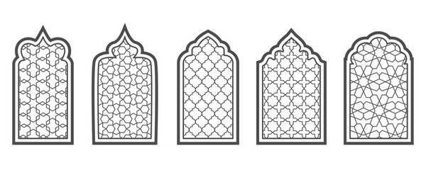 Ramadan window with pattern. Arabic frame of mosque door. Islamic design template. Vector oriental decoration with ornament.