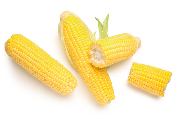 Fresh corn cobs on white background