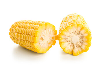 Cut fresh corn cobs on white background