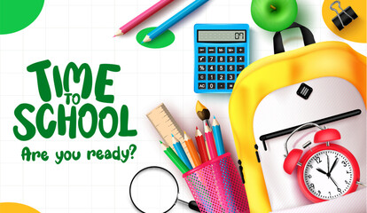 Time to school text vector design. Back to school typography with schoolbag, color pencil and alarm clock learning elements. Vector illustration educational template. 