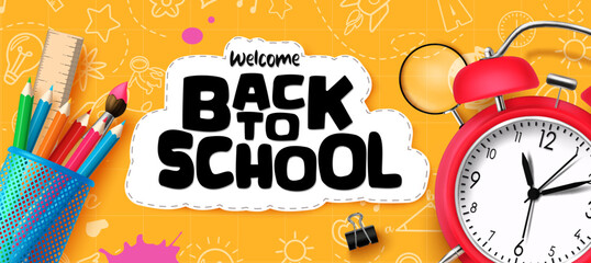 Welcome back to school vector template design. Back to school greeting typography with alarm clock and color pencil elements. Vector illustration in yellow doodle background.