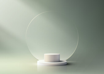 Modern Minimalist Product Display Showcase with Realistic 3D White Podium and Transparent Glass Circle Backdrop on green background. Commercial Design Mockup