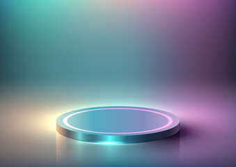 Vibrant Neon Color Podium Stand in a Modern Studio Room. 3D Realistic Tech Concept