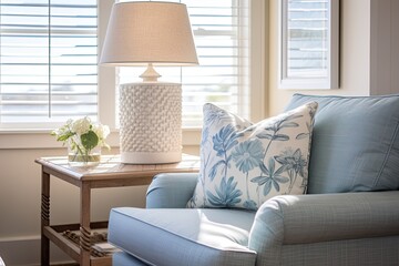 Fototapeta premium Elegant and comfortable coastal cottage interior created using generative AI tools