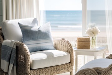 Fototapeta na wymiar Elegant and comfortable coastal cottage interior created using generative AI tools