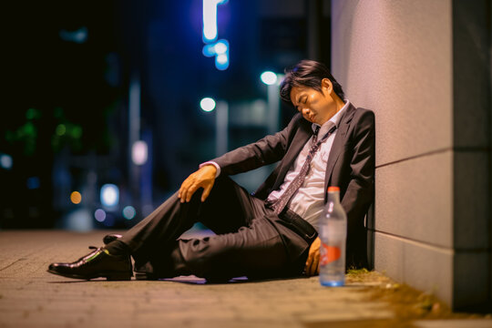 Japanese businessman drunk and sleeping on the roadside, Generative AI