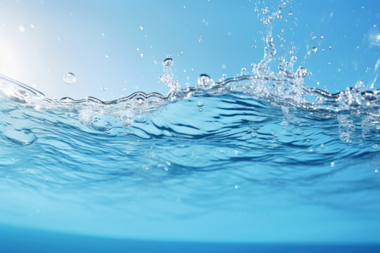 A cross section of a transparent water surface and splashing water droplets, Generative AI