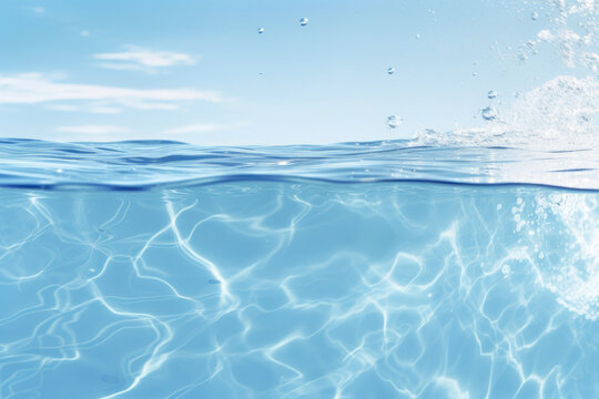 A cross section of a transparent water surface and splashing water droplets, Generative AI