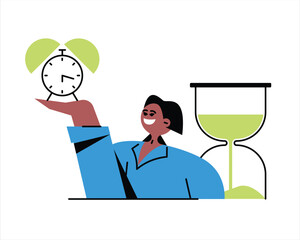 African female holding clock and standing near hourglass, doing work on time. Successfully time management concept. Young people planning time when doing different tasks. Vector flat illustration