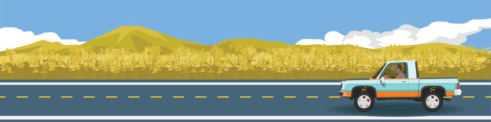 Fototapeta na wymiar Farmland and pickup trucks for banner. Car pickup truck for travel with old man driving. Besid of road with wheat field gold color. Mountain and blue sky with white clouds. Copy Space Flat Vector.