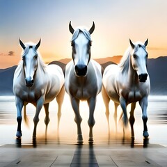 group of white horses at the beach .Ai generated