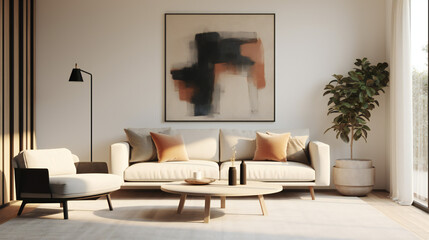 Stylish Living Room Interior with an Abstract Frame Poster, Modern Interior Design, 3D Render, 3D Illustration