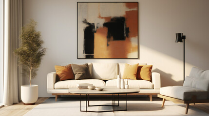 Stylish Living Room Interior with an Abstract Frame Poster, Modern Interior Design, 3D Render, 3D Illustration