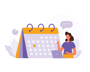 Lady working on laptop in office, organizing time, planning week. Process of organizing working time. Good business productivity process. Time management concept. Vector illustration