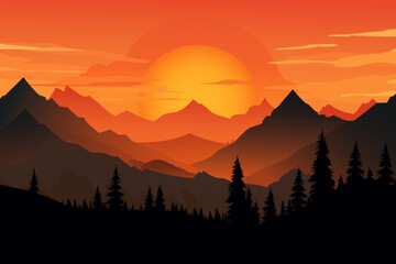 Beautiful vector landscape of mountains and forests. Silhouettes of mountains at autumn sunset.