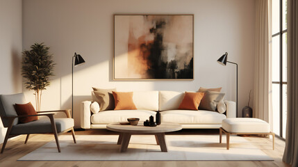 Stylish Living Room Interior with an Abstract Frame Poster, Modern Interior Design, 3D Render, 3D Illustration