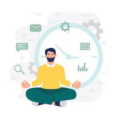 Male sitting in lotus position and developing effective time management strategies. Process of planning and organizing schedule. Time for making calendar schedule. Vector flat illustration