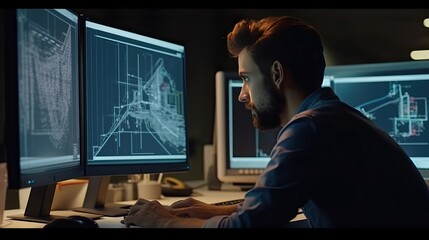 Engineer working on a computer  in office. Engineering and architecture concept