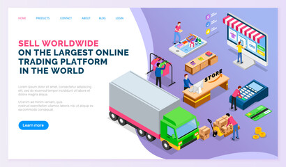 Online trading marketplace, buy in worlds largest wholesale platform. Buyers, delivery and tracking, salers and support center in Internet. Buy and sell goods worldwide. Website landing page template