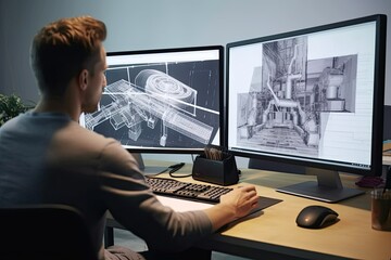 Engineer working on a computer  in office. Engineering and architecture concept