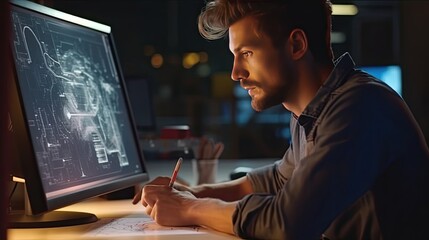 Engineer working on a computer  in office. Engineering and architecture concept