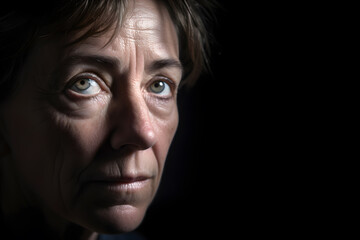 Fototapeta premium A middle-aged Caucasian woman caught in a moment of intense contemplation, her face shadowed but her eyes filled with a mix of determination and hope. Generative AI