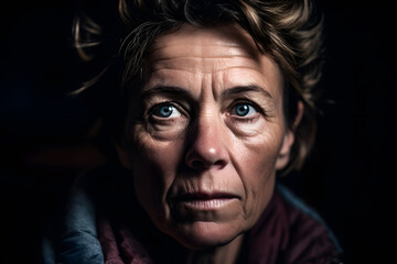 Fototapeta premium A middle-aged Caucasian woman caught in a moment of intense contemplation, her face shadowed but her eyes filled with a mix of determination and hope. Generative AI