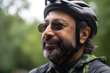A middle-aged man of South Asian heritage participating in a charity bike ride, cycling with purpose to raise awareness and funds for a cause. Generative AI