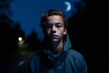A teenage Caucasian boy walking with a determined expression, his face bathed in the cool glow of moonlight, embodying a sense of ambition and perseverance. Generative AI