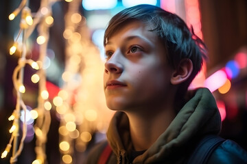 A teenage Caucasian boy walking with an expression of awe and wonder, his face lit up by the magical lights of the city. Generative AI