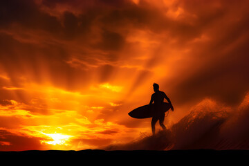 Silhouette of a surfer catching a wave at sunset, against a vibrant sky. Generative AI