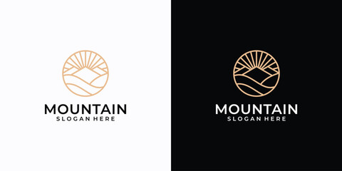 Vintage mountain adventure line art logo design