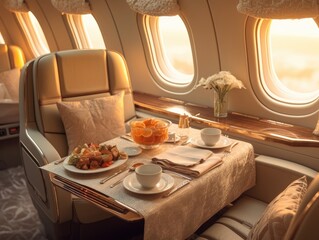 A private jet in the style of modern with a dining set on the table, sunlight shines through a window. Generative AI