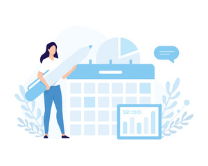 Lady holding pen and standing near big calendar, making notes, planning work time. Successfully time management. Process of active work, business concept. Vector flat illustration in blue colors