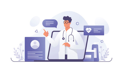 Professional male doctor calling to patient, giving treatment prescription and advice. Cartoon character providing modern healthcare service. Vector flat illustration in blue colors