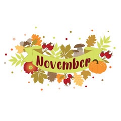 Yellow banner with the inscription November with autumn leaves, pumpkin, mushrooms and pinching berries on a white background