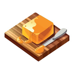 Fresh organic cheese slice on wooden cutting board