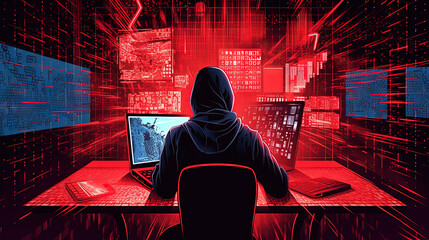 Man sitting with laptop in the secret laboratory. Hacker sending the virus. Generated AI. - obrazy, fototapety, plakaty