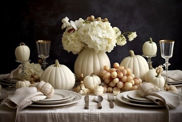 Fototapeta na wymiar Elegant Thanksgiving autumn table setting with pumpkins, generative ai