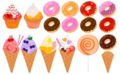 ice cream and donuts set sweet food