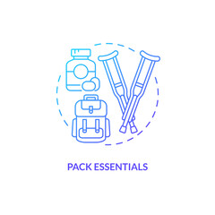 Pack essentials blue gradient concept icon. Mobility aid. Road trip. Person with disability. Social inclusion. Travel planning abstract idea thin line illustration. Isolated outline drawing
