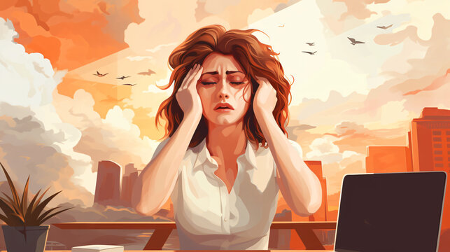 side view of a Businesswoman feeling overwhelmed in painting style